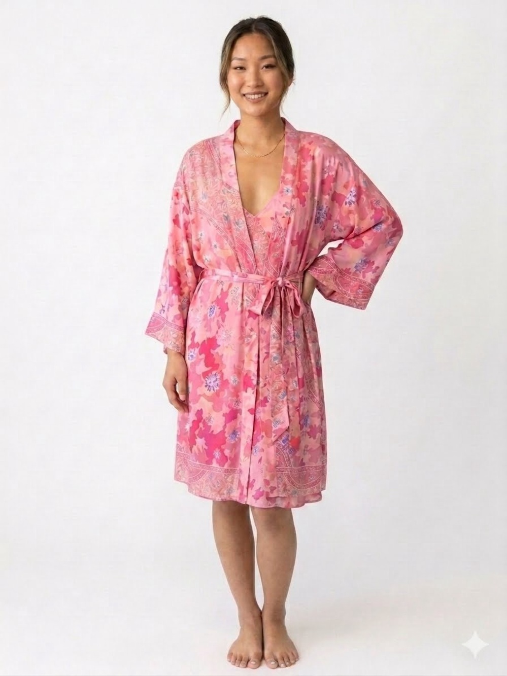 Josie by Natori Romantic Pink Paisley Mixed-Print Robe & Nightgown Set – Size XL
